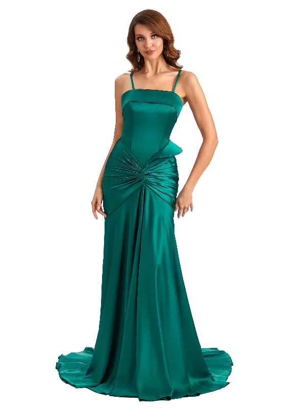 Sexy Mermaid Spaghetti Straps Silky Satin Unique Long Bridesmaid Dress For Wedding