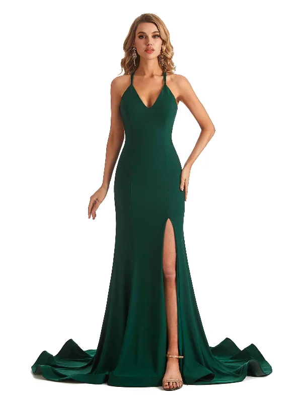 Sexy Mermaid Spaghetti Straps V-Neck Side Slit Stretchy Jersey Long Formal Bridesmaid Dresses