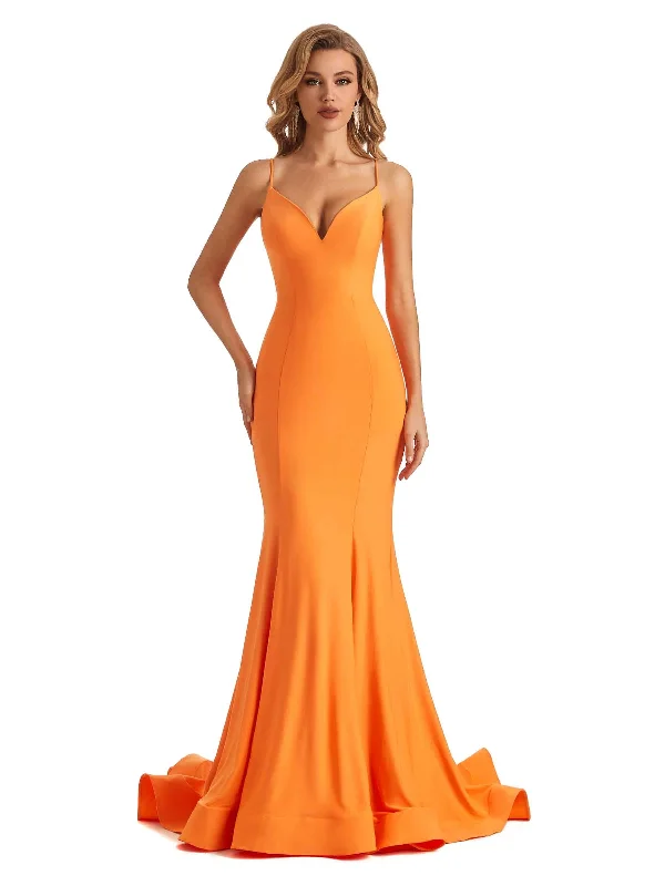 Sexy Mermaid Spaghetti Straps V-neck Stretchy Jersey Long Formal Bridesmaid Dresses