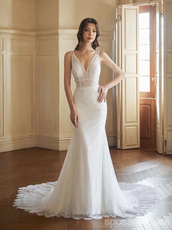 Sexy Mermaid V-neck Open Back Handmade Lace Wedding Dresses,WD810