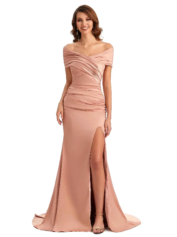 Sexy Off The Shoulder Side Slit Mermaid Satin Unique Long Formal Wedding Guest Dresses