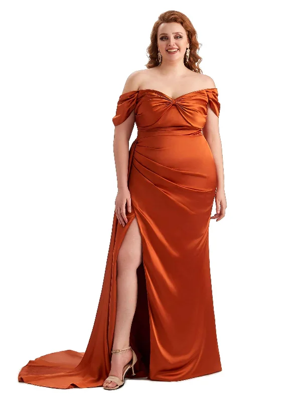 Plus Size Sexy Side Slit Off The Shoulder Mermaid Soft Satin Long Bridesmaid Dress For Wedding