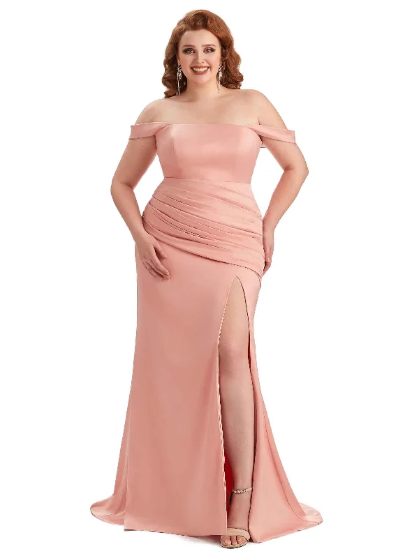 Plus Size Sexy Off Shoulder Side Slit Mermaid Soft Satin Long Bridesmaid Dress For Wedding