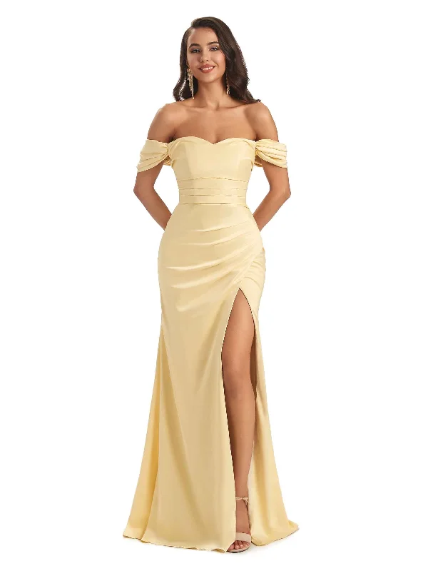 Sexy Off-shoulder Sweetheart Soft Satin Side Slit Mermaid Long Bridesmaid Dresses