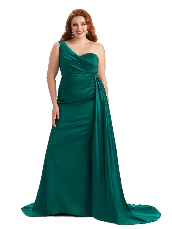 Plus Size Sexy One Shoulder Mermaid Soft Satin Long Bridesmaid Gowns