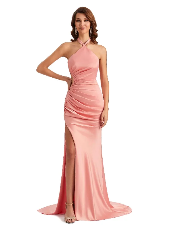 Sexy Halter Mermaid Silky Satin Unique Long Formal Wedding Guest Dresses