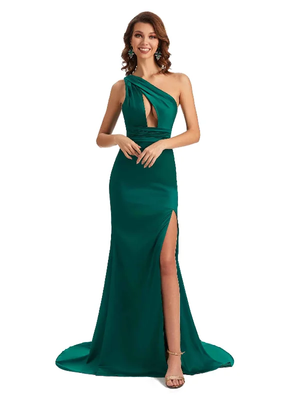 Sexy One Shoulder Side Slit Mermaid Silky Satin Long Gown For Wedding Guest