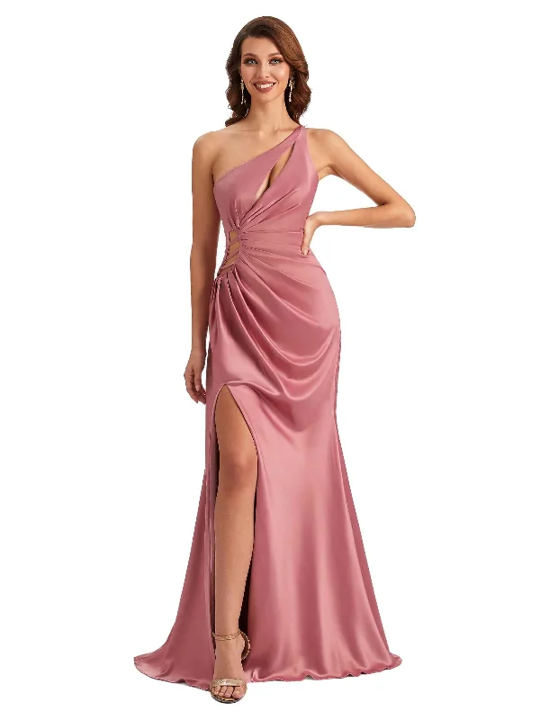 Sexy One Shoulder Side Slit Mermaid Silky Satin Maid of Honor Dresses