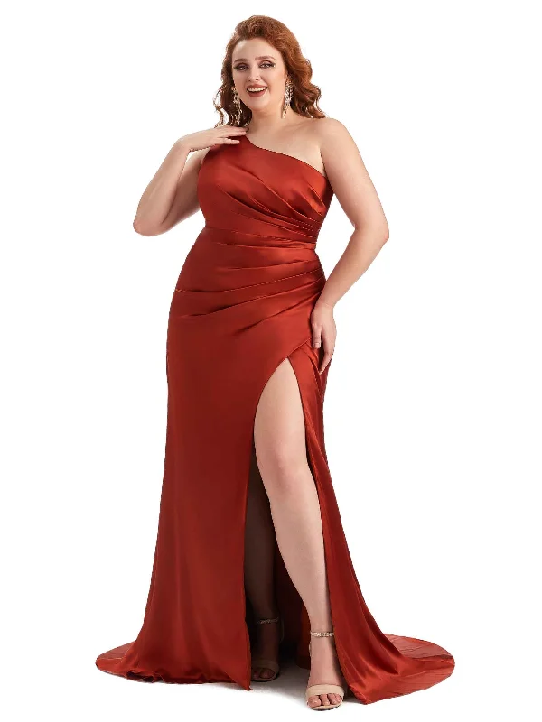 Plus Size Sexy One Shoulder Side Slit Mermaid Soft Satin Long Maid of Honor Dress For Wedding