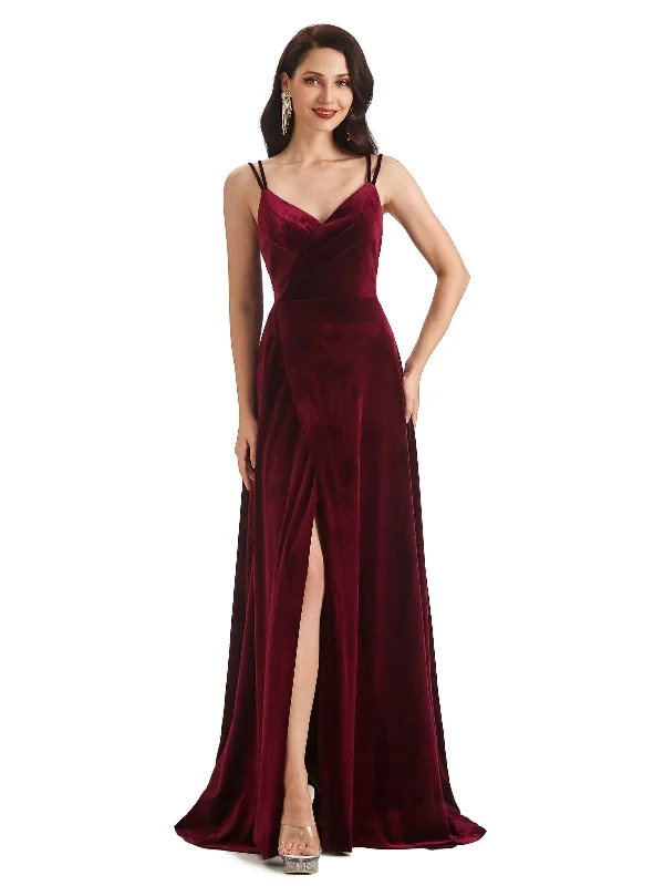 Sexy Open Back Side Slit Spaghetti Straps Velvet Long Bridesmaid Dresses Online