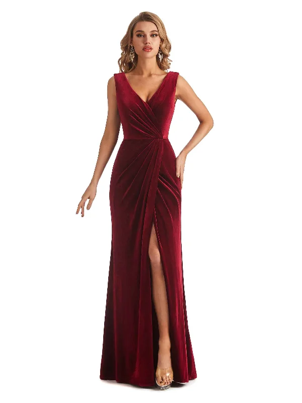 Sexy Sheath Velvet V-neck Side Slit Long Bridesmaid Dresses Online