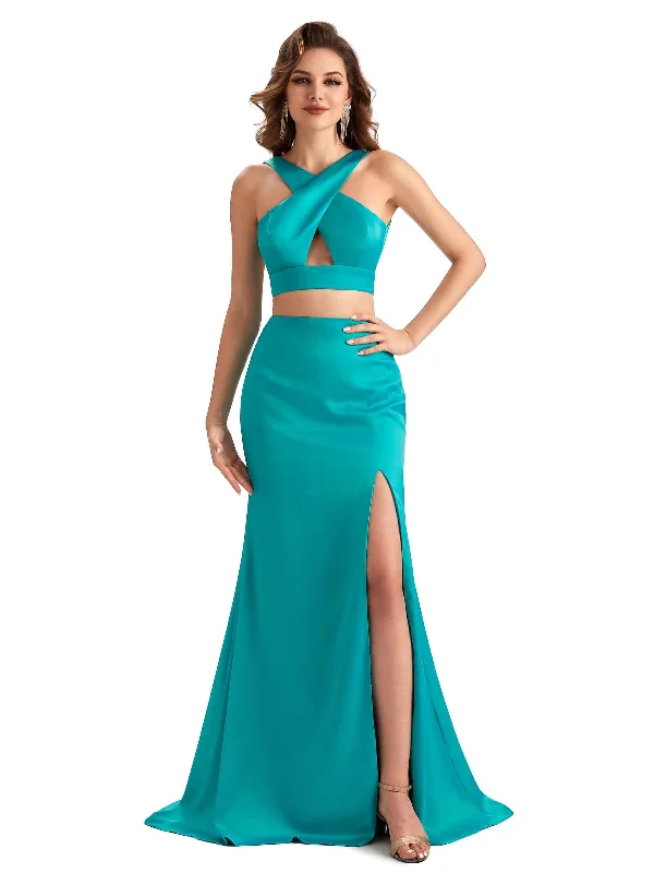 Sexy Side Slit Mermaid Silky Satin Halter Two Pieces Unique Long Bridesmaid Dresses