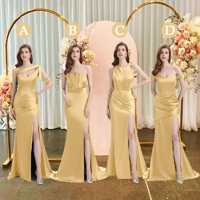 Sexy Side Slit Mismatched Soft Satin Mermaid Long Gold Bridesmaid Dresses