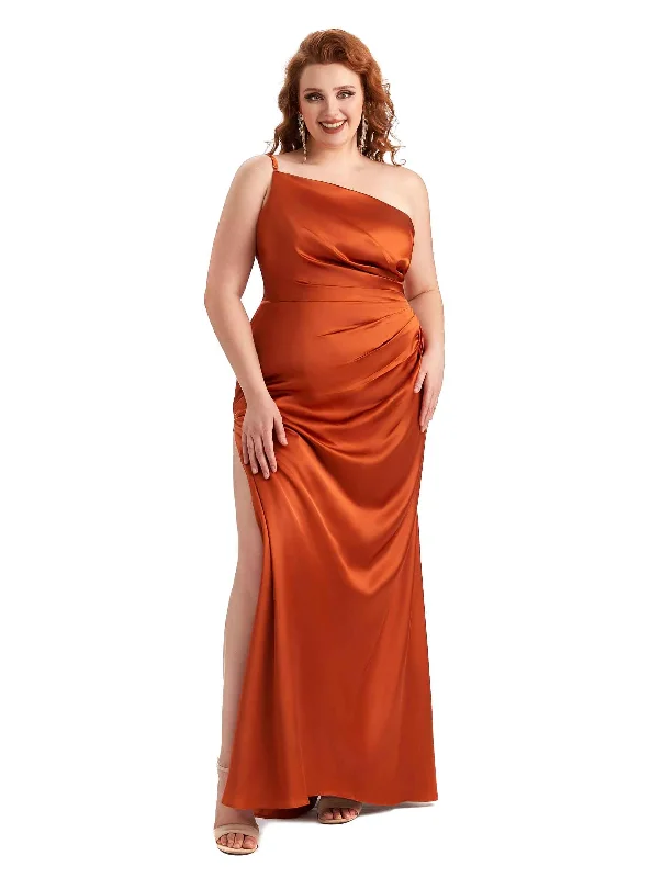 Plus Size Sexy Side Slit One Shoulder Mermaid Soft Satin Long Maid of Honour Dresses