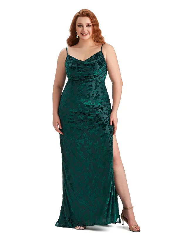 Plus Size Sexy Side Slit Spaghetti Straps Mermaid Floral Velvet Long Bridesmaid Dresses