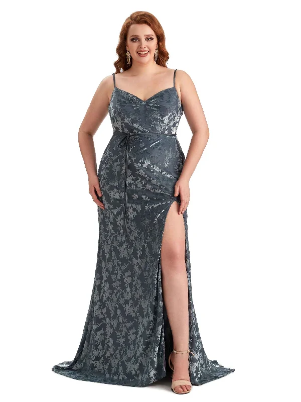 Plus Size Sexy Side Split Mermaid Spaghetti Straps Floral Velvet Long Bridesmaid Gowns