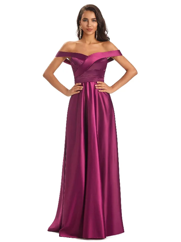 Sexy Soft Satin Off The Shoulder A-Line Long Bridesmaid Dresses Online