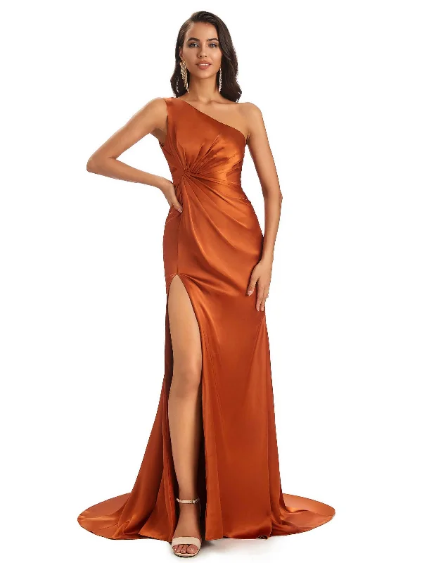 Sexy Soft Satin One Shoulder Side-Slit Floor-Length Mermaid Bridesmaid Dresses