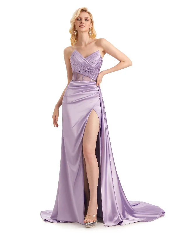 Sexy Soft Satin Side Slit See Through Floor-Length Long Mermaid Bridesmaid Dresses