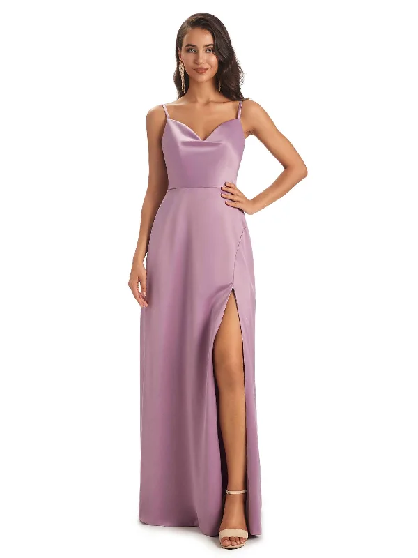 Sexy Soft Satin Side Slit Spaghetti straps Long Mermaid Bridesmaid Dresses