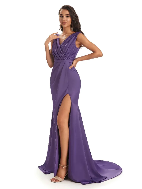 Sexy Soft Satin Side Slit V-neck Unique Long African Bridesmaid Dresses