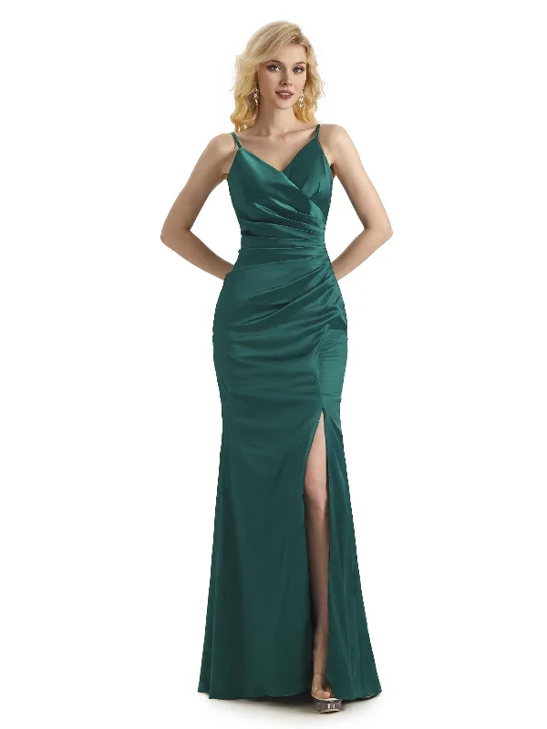 Sexy Soft Satin Side Slit V-neck Long Mermaid Bridesmaid Dresses Online