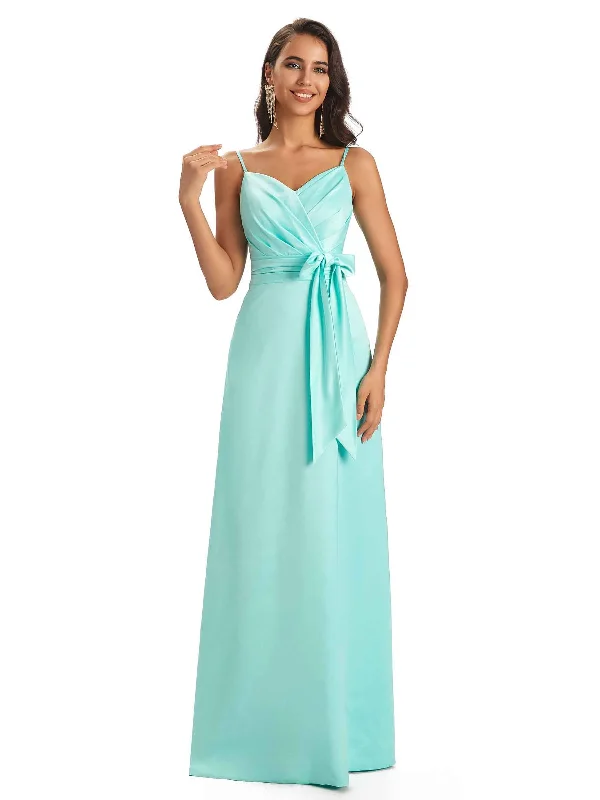 Sexy Soft Satin Spaghetti Straps Floor-Length A-Line Long Bridesmaid Dresses