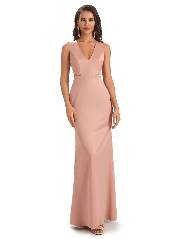 Sexy Soft Satin V-neck Floor-Length Long Mermaid Chic Modern Bridesmaid Dresses Online