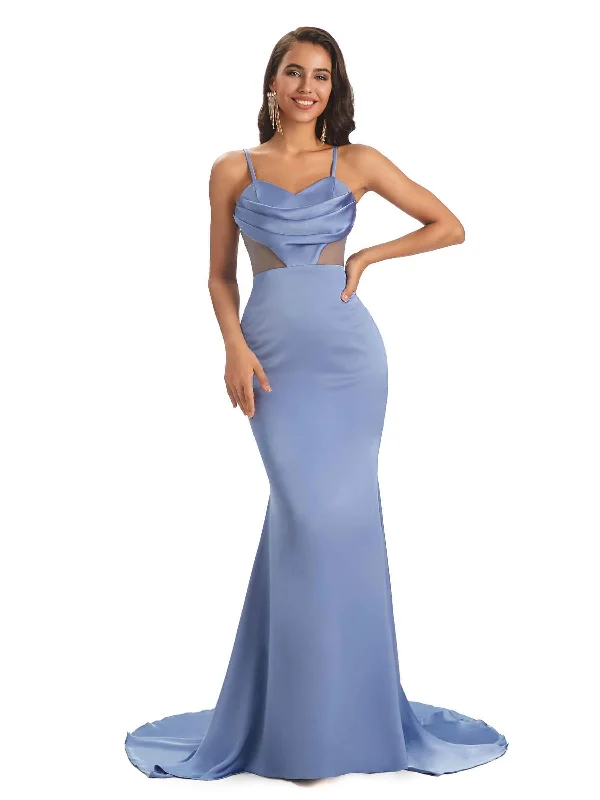 Sexy Soft Spaghetti Straps Satin Side Slit Mermaid See Through Bridesmaid Dresses Online