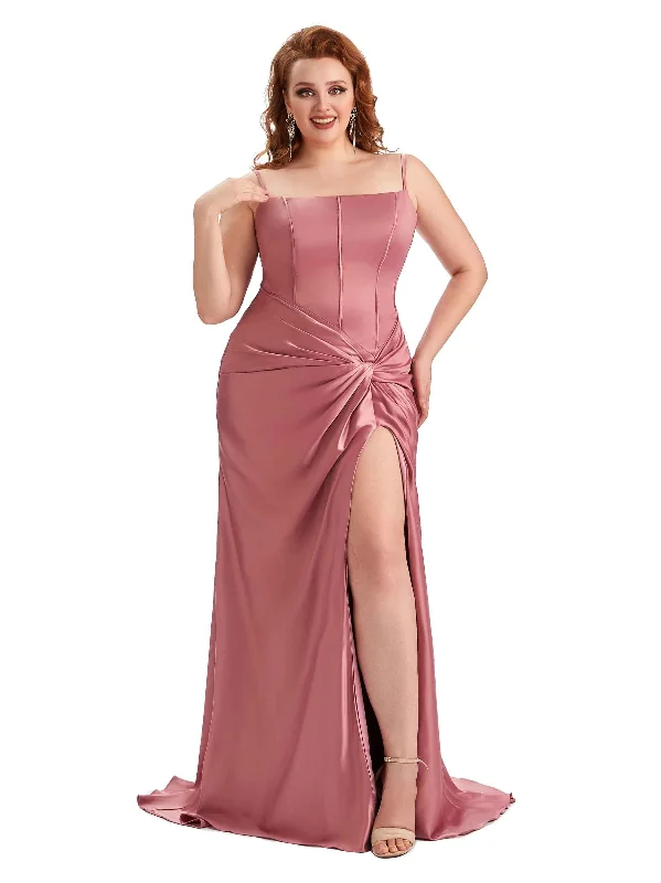 Plus Size Sexy Spaghetti Straps Side Slit Mermaid Soft Satin Long Bridesmaid Dress