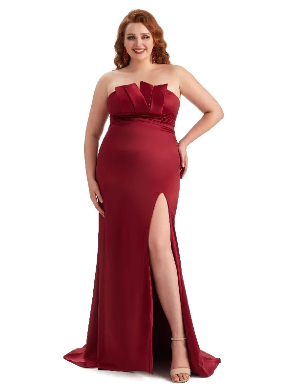 Plus Size Sexy Side Slit Mermaid Soft Satin Long Wedding Party Dresses For Wedding