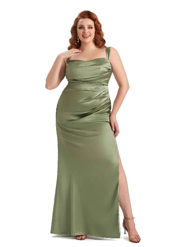 Plus Size Sexy Side Slit Mermaid Straps Soft Satin Long Maid of Honor Dresses