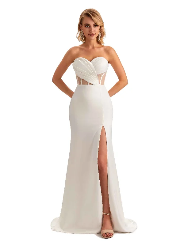 Sexy Sweetheart Side Slit Mermaid Soft Satin Unique Long Bridesmaid Dress For Wedding