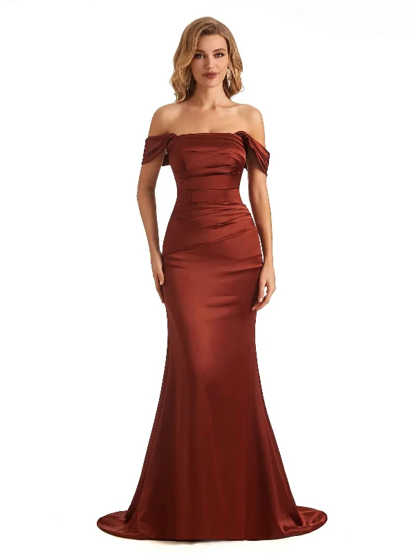 Simple Off The Shoulder Soft Satin Long Mermaid Bridesmaid Dresses Online