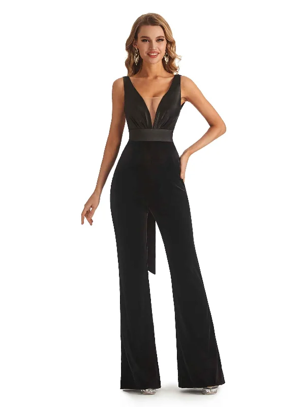 Unique V-neck Open Back Velvet Long Jumpsuit Bridesmaid Dresses