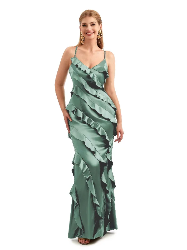 Women Spaghetti Straps Long Satin Ruffles Unique Formal Bridesmaid Dresses Online