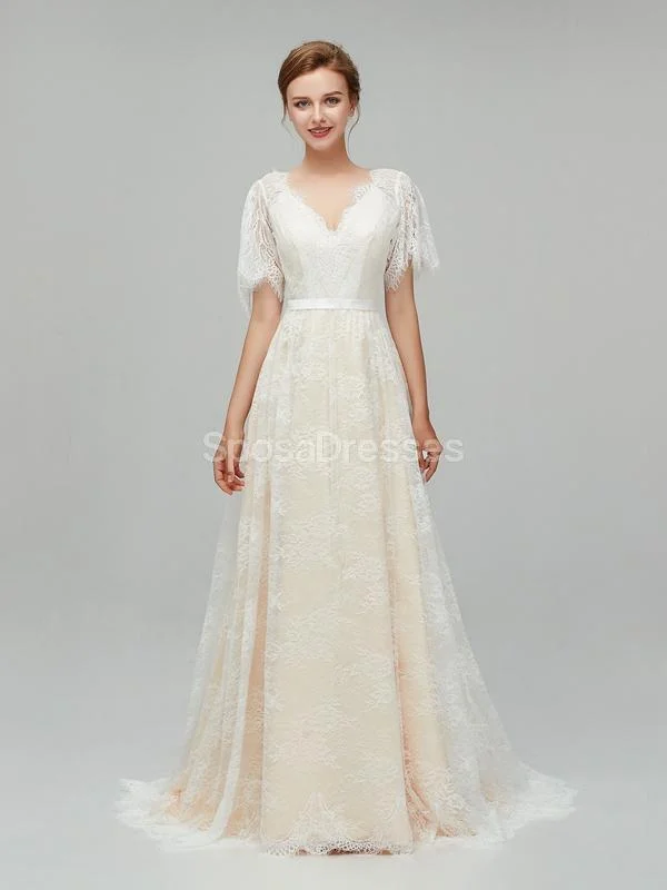 Champagne Short Sleeves Lace A-line Cheap Wedding Dresses Online, Cheap Bridal Dresses, WD561