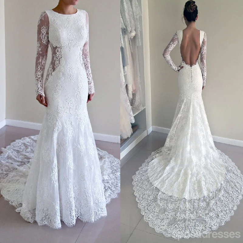 Gorgeous Round Neck Long Sleeve Sexy Mermaid Backless Lace Wedding Party Dresses, WD0040