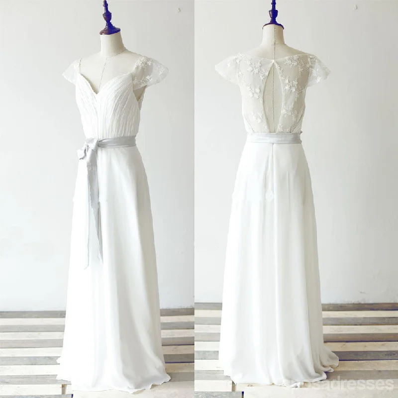 Simple Long A-line White Chiffon Wedding Party Dresses, Cap Sleeve Lace Bridal Gown, WD0062