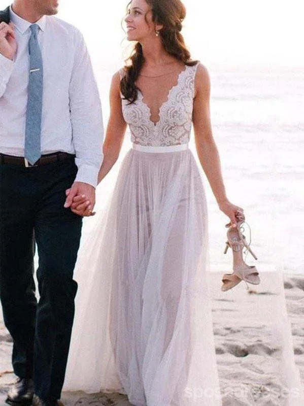 Deep V Neckline Lace Beach Wedding Dresses,  Sexy Long Custom Wedding Gowns, 17104