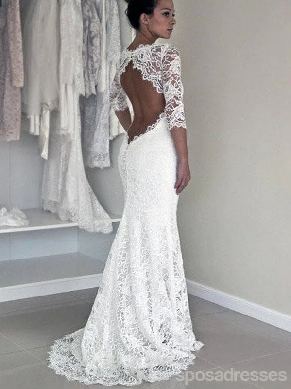 Long Sleeve Lace Open Back Mermaid Wedding Dresses, Long Custom Wedding Gowns,  17117