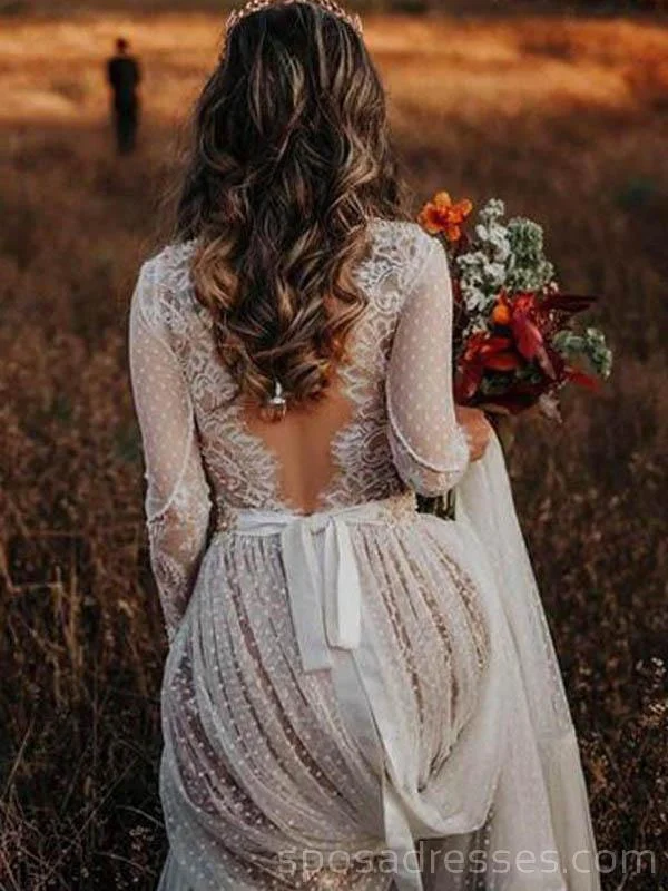 Long Sleeves Backless Lace Cheap Wedding Dresses Online, Cheap Bridal Dresses, WD528