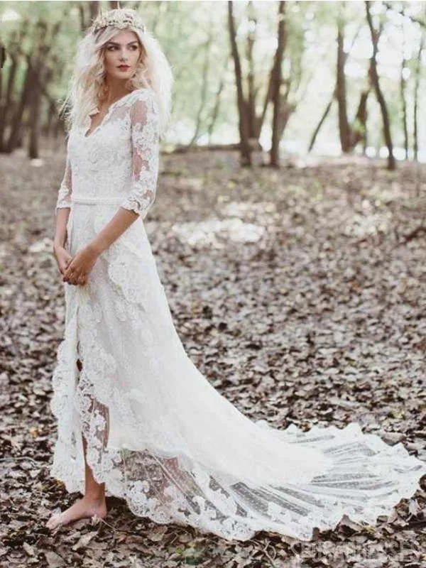 Long Sleeves See Through Lace Boho Wedding Dresses, Cheap Wedding Gown, WD686