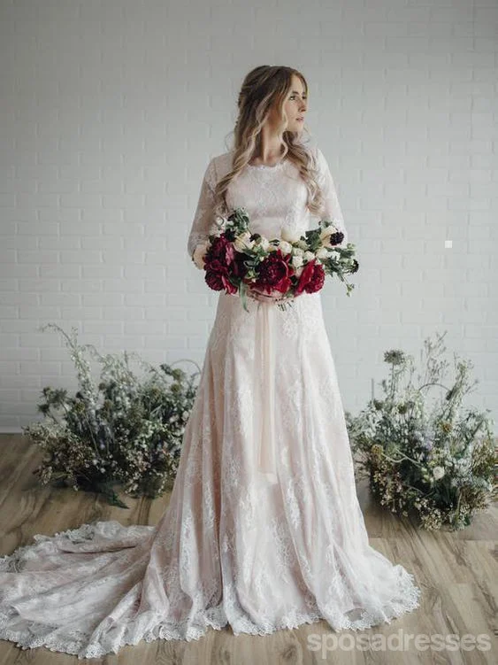 Modest Long Sleeves Lace A-line Wedding Dresses Online, Cheap Beach Bridal Dresses, WD479