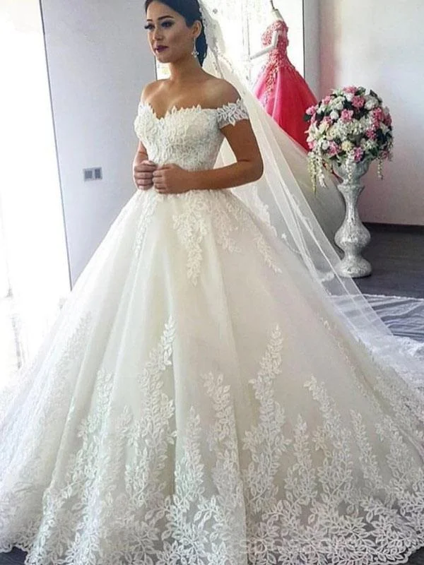 Off Shoulder A-line Lace Cheap Wedding Dresses Online, Cheap Bridal Dresses, WD504