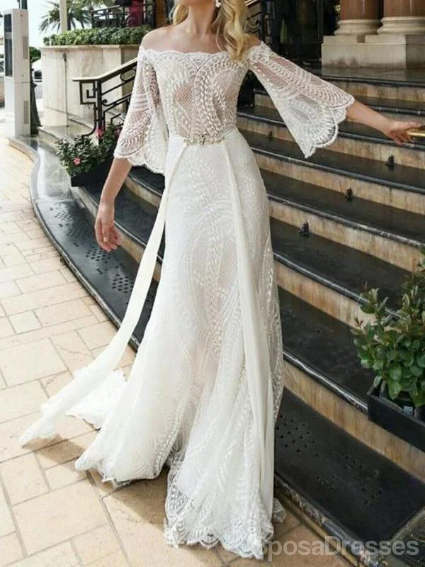 Off Shoulder Long Sleeves Lace Wedding Dresses Online, Cheap Unique Bridal Dresses, WD595