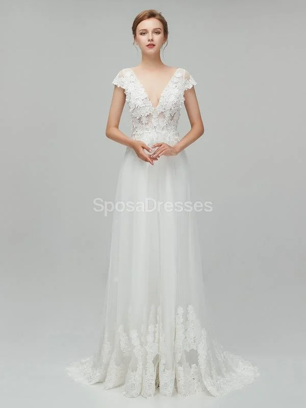 See Through Backless Cap Sleeves Cheap Wedding Dresses Online, Unique Bridal Dresses, WD562