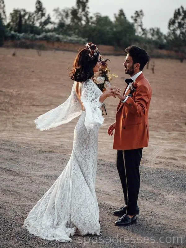 Sexy Backless Long Sleeves Mermaid Long Wedding Dresses Online, Cheap Bridal Dresses, WD538