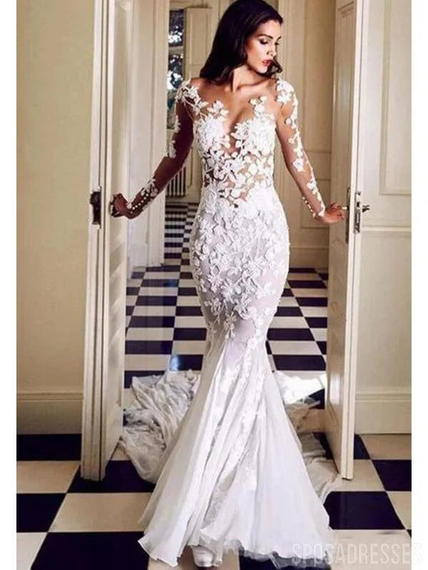 Sexy Long Sleeves See Through Mermaid Wedding Dresses Online, Cheap Wedding Gown, WD661