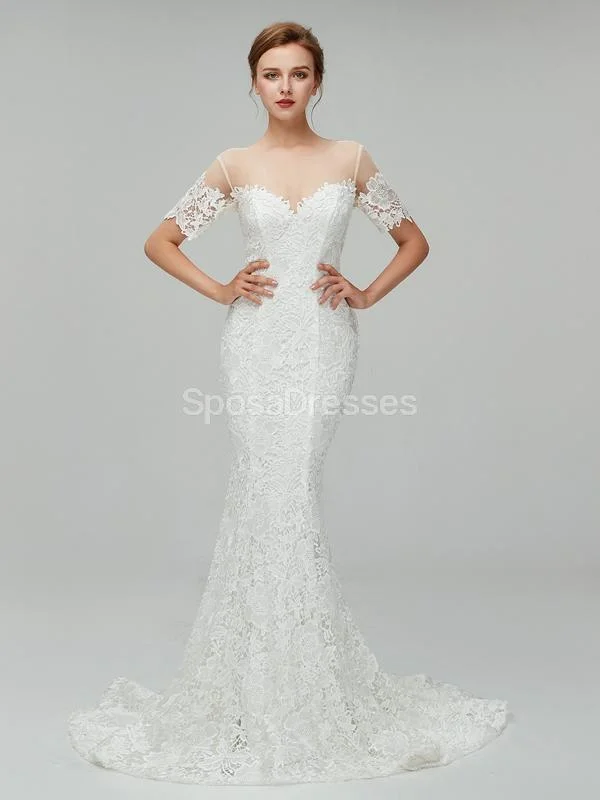 Short Sleeves Lace Mermaid Cheap Wedding Dresses Online, Cheap Bridal Dresses, WD557